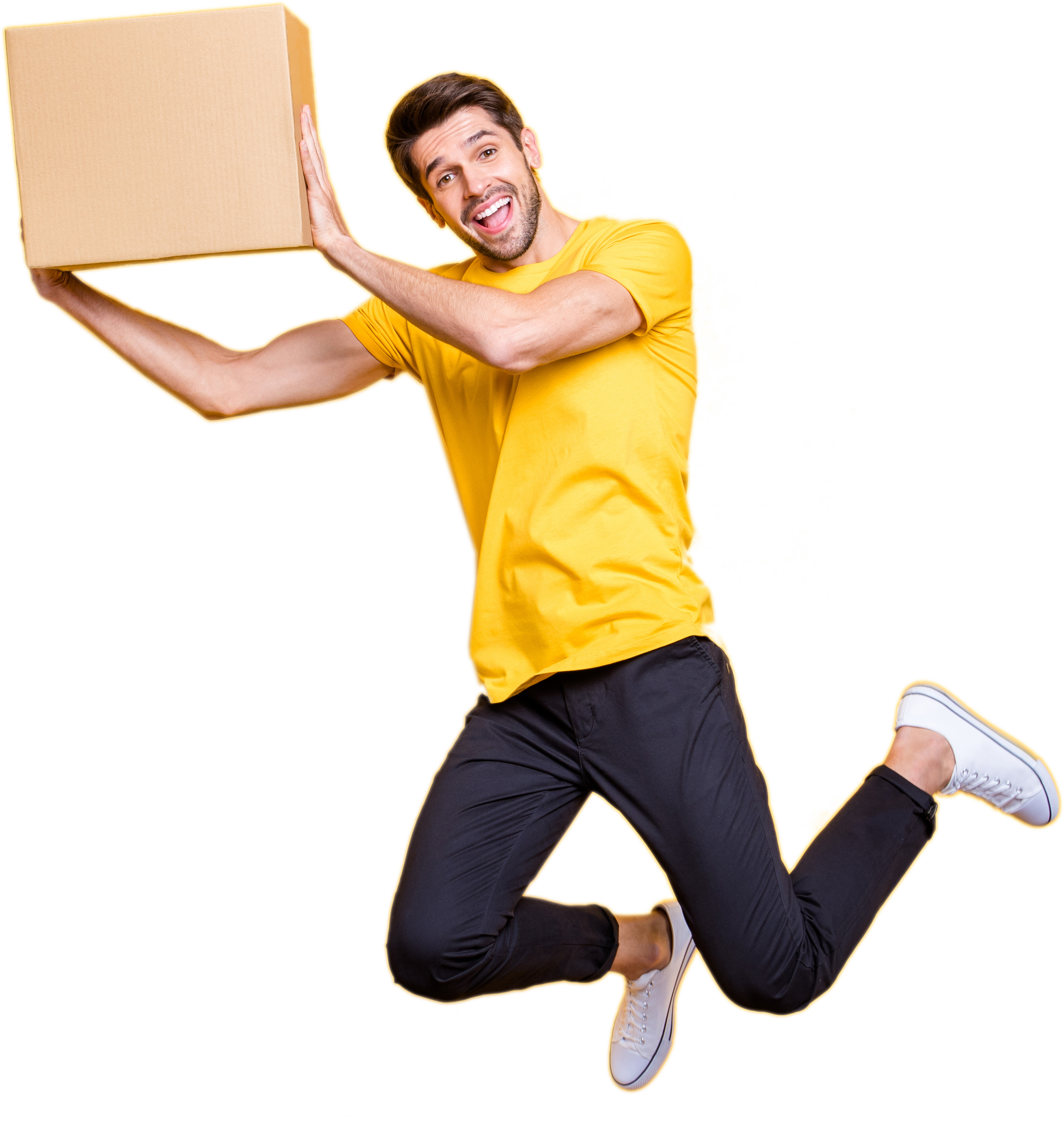 Happy man with shipping box.